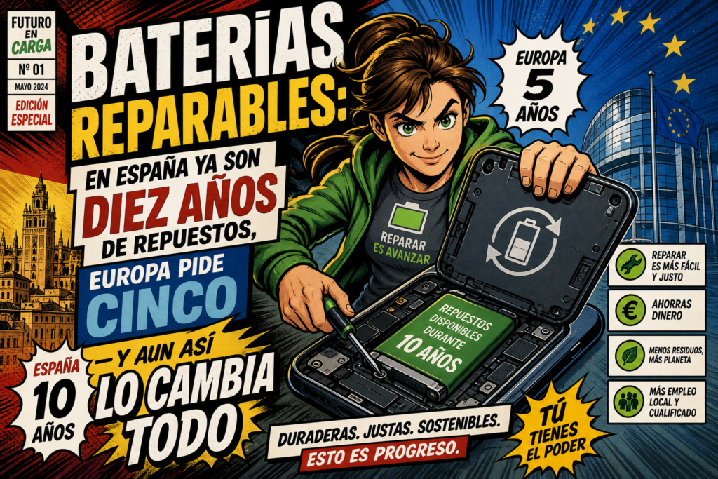 Baterías reparables en España ya son diez años de repuestos, Europa pide cinco — y aun así lo cambia todo